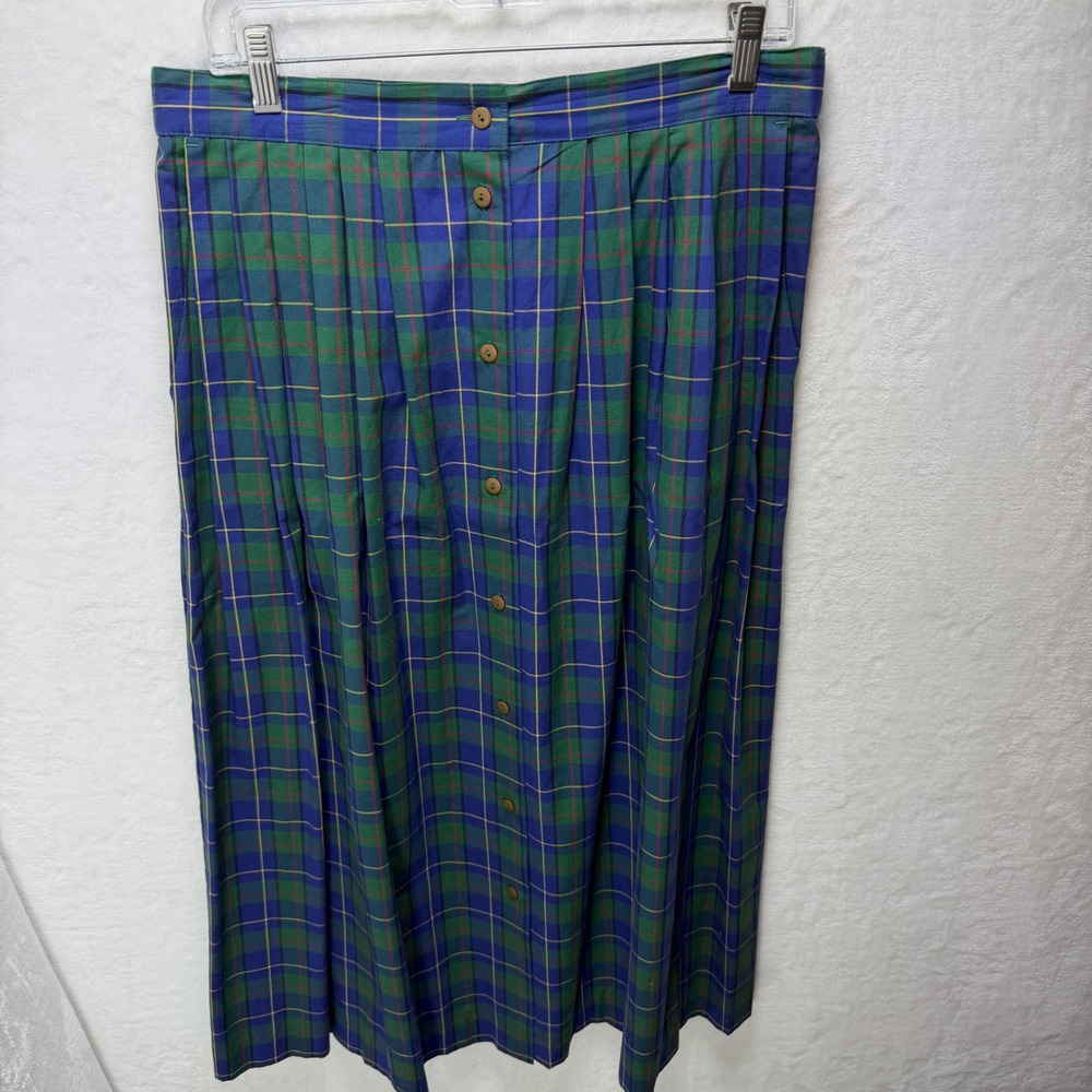 Bechamel Womens Large Plaid Button Down Elastic Waist Maxi Skirt Green Blue